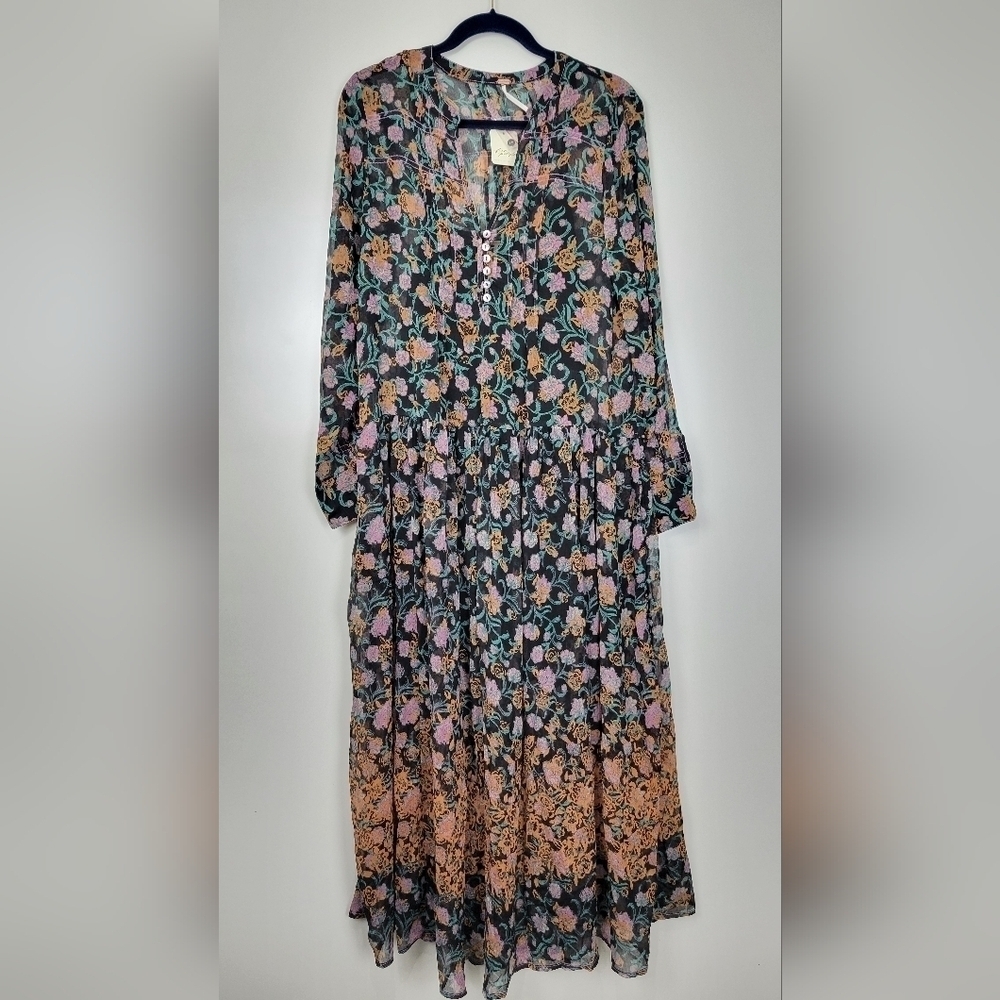 NWT Free People See It Through Floral Pleated Boho Maxi Dress Size Small - Picture 4 of 15